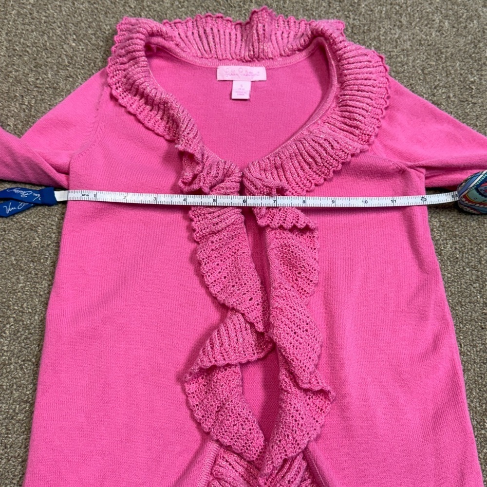 Lilly Pulitzer: Girls Pink Ruffle Cardigan Sweater, Metallic Accent, Size S (4/5 - Picture 4 of 9